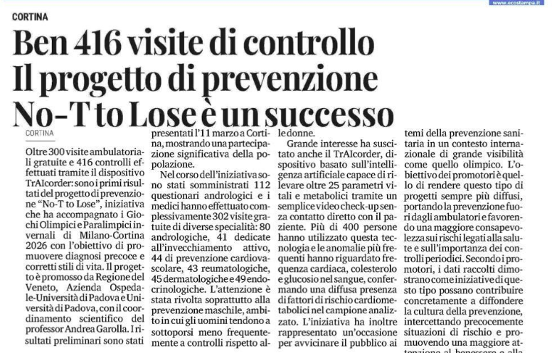 Corriere delle Alpi racconta il successo del progetto di prevenzione No-T to Lose